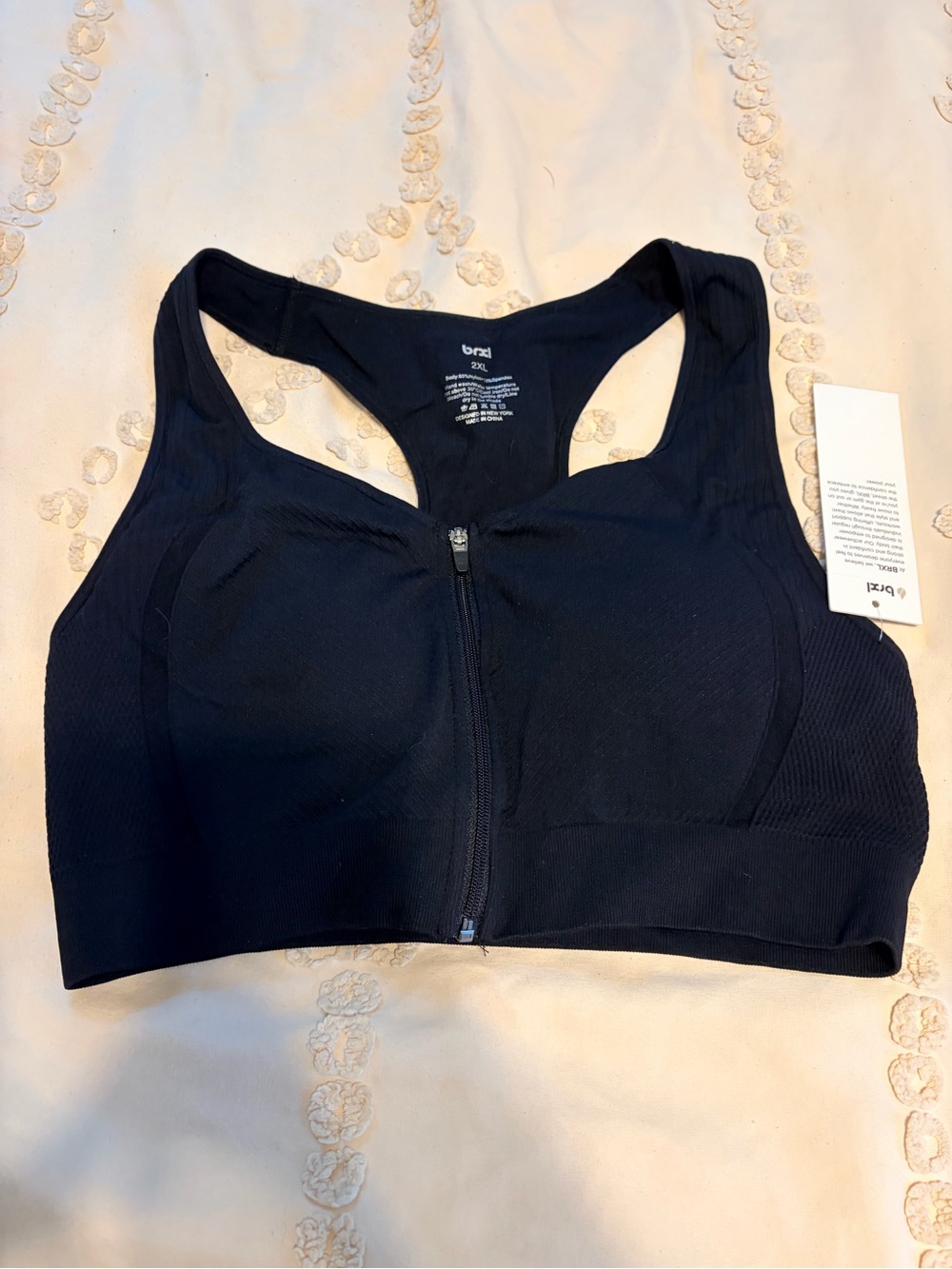 BRXL Front Zip Sports Bra 2XL Black Racerback Medium Support NWT